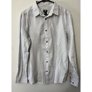 H&M Men's Size Large Slim Fit Dress Shirt Button Up Long Sleeve White Polka Dot
